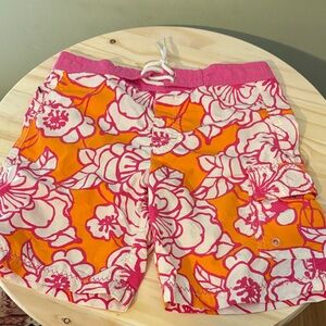 Lands' End Kids Orange & Pink Floral Swim Trunks
